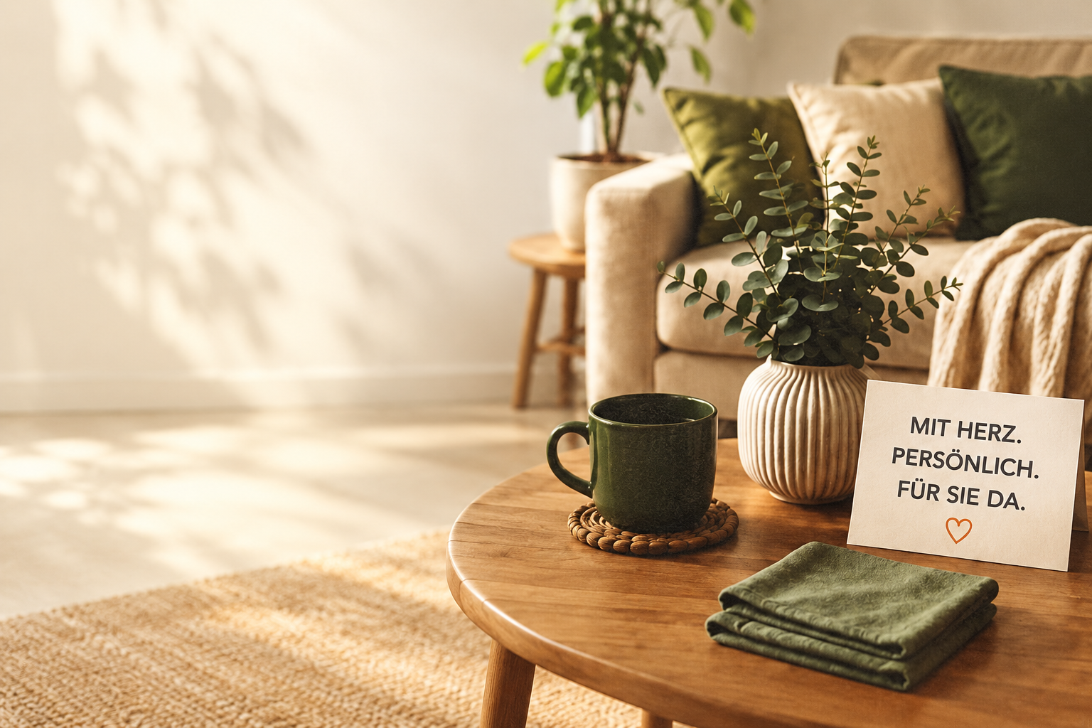 Gemütlicher Wohnraum mit Sofa, Blumen und einem gepflegten Holztisch